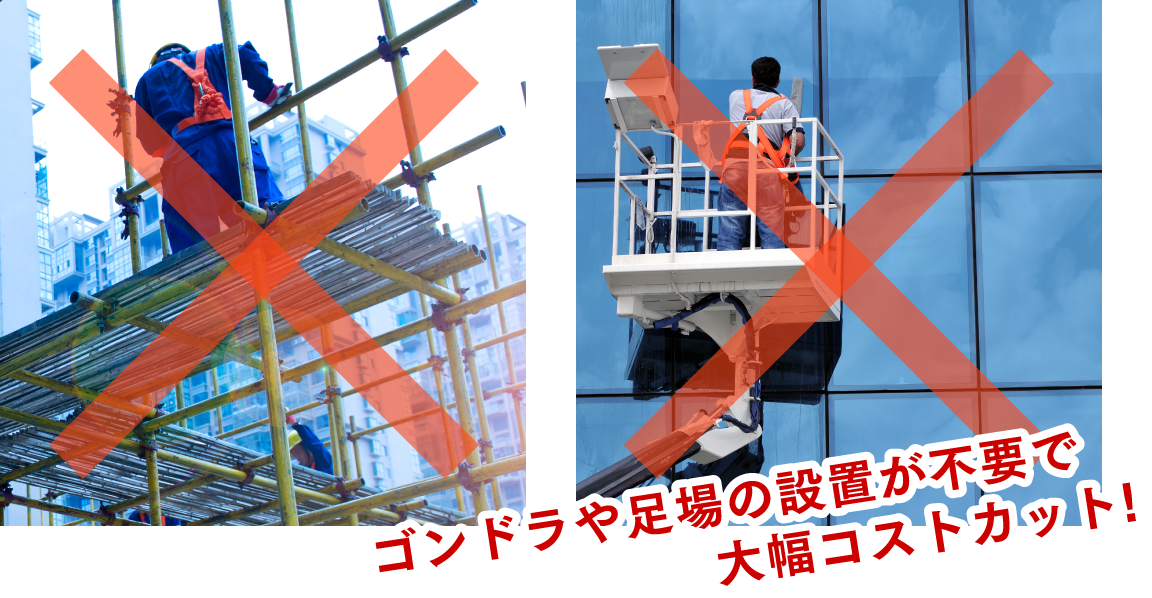 ゴンドラや足場の設置が不要で大幅コストカット!